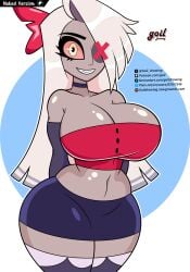 big_breasts big_breasts blue_skirt breasts breasts female female_only girl girly goil_drawing grey_skin hazbin_hotel red_dress vaggie_(hazbin_hotel) white_hair