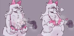 anthro big_breasts blush bra chubby_female cum cum_on_breasts fur hair_over_eyes horns nier_(pinkshinyhorns) original pinkshinyhorns trans_woman trans_woman_(lore) white_fur