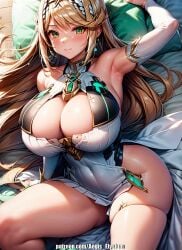 1girls aegis_elysium ai_art ai_generated blonde_hair blush blushing_at_viewer breasts cleavage crown dress female_focus gem hair_ornament headpiece highres huge_breasts jewelry large_breasts long_hair looking_at_viewer lying mythra mythra_(xenoblade) navel nintendo patreon patreon_username smile solo solo_focus standing thick thick_breasts tiara tree very_long_hair xenoblade_(series) xenoblade_chronicles_(series) xenoblade_chronicles_2