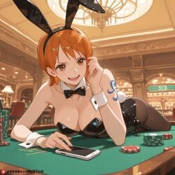 ai_generated atext breasts brown_eyes bunnysuit casino cellphone cleavage clothing cluttered_room collarbone female female_only laughing medium_breasts nami nami_(one_piece) one_piece open_mouth orange_hair short_hair