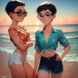 1girls ai_generated beach beach_background carmen_sandiego_(2019) carmen_sandiego_(franchise) cleavage female female female_focus female_only front_tie_top glasses hawaiian_shirt julia_argent julia_argent_(carmen_sandiego) looking_at_viewer ocean outdoors outside sand sea seaside shirt short_hair smile smiling_at_viewer smirk sunglasses tied_shirt zupern0va_(manipper)