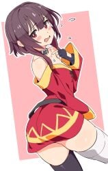 1girls 2d big_ass blush blush brown_hair choker color embarrassed female female female_only kono_subarashii_sekai_ni_shukufuku_wo! looking_at_viewer looking_back megumin noyama_takenoko petite red_dress red_eyes red_shirt simple_background small_breasts thighhighs thighs