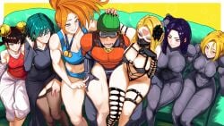 1boy 6+girls absurd_res asami_(one-punch_man) asymmetrical_clothes black_bodysuit black_hair black_sclera blonde_hair blush bodysuit captain_mizuki chinese_clothes cleavage clothed couch crossed_legs detached_sleeves dominatrix fubuki_(one-punch_man) gas_mask goggles green_eyes green_hair hair_bell hand_on_another's_thigh harem helmet highres kaijin_hime_do-s large_breasts lin_lin_(one-punch_man) looking_at_partner medium_breasts mouth_mask multiple_girls mumen_rider noria_(one-punch_man) on_couch one-punch_man orange_hair purple_hair red_eyes single_glove sitting skin_tight straight thick_thighs thigh_gap thighhighs thighs track_and_field vlizz you_gonna_get_raped