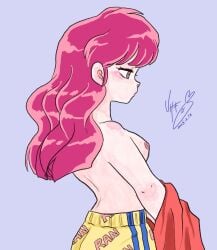 bare_arms bare_shoulders boxer_briefs breasts eyeshadow female highres long_hair looking_down makeup male_underwear nipples no_bra pink_eyes pink_hair ranma-chan ranma_1/2 red_eyeshadow red_shirt shirt simple_background topless underwear undressing usaki_rumic