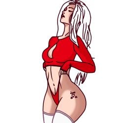 bikini blouse hair_on_shoulder heart_tattoo high_socks highleg highleg_panties long_hair looking_up medium_breasts original panties pulling_panties red_blouse red_panties standing straight_face straight_hair tattoo white_hair white_socks