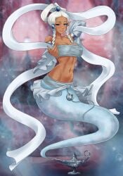 amenoosa avatar_the_last_airbender bare_midriff beckoning blushing_at_viewer cleavage genie genie_girl genie_lamp genie_tail grinning grinning_at_viewer half_naked harem_outfit magic_lamp oil_lamp slave_outfit suggestive_gesture suggestive_look suggestive_pose tail white_hair yue