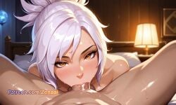 1boy 1girls ai_generated bed bedroom blush deepthroat fellatio female lamp league_of_legends looking_at_viewer night nude on_bed oral patreon penis pov riot_games riven solo_focus spread_legs straight sweat uncensored wet white_hair yellow_eyes zenaai