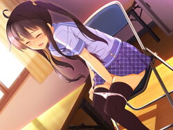 black_hair black_legwear long_hair masturbation panties panty_pull racer_(magnet) school_uniform skirt thighhighs tied_hair twintails