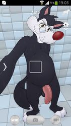 animaniacs anthro balls barefoot camera_view canine chubby flaccid front_view grin male male_only mammal naughty_face neenya nude penis perspective selfie shower solo standing walter_wolf wet wolf