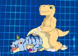 agumon all_fours alternate_version_available anal anal_sex balls barefoot digimon doggy_style erection from_behind furry furry_only gabumon horn humanoid_penis male_only naughty_face nude open_mouth partially_retracted_foreskin pelt penetration penis precum saliva saliva_string samaraka sex signature tongue tongue_out uncut