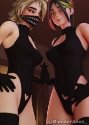 2025 2girls 3d arms_at_sides ass_peek bare_hips bare_shoulders belly_button black_gloves black_hair black_legwear black_outfit black_thighhighs blender blender_(software) blenderanon_ blonde_hair blurry_background camel_toe cameltoe clothing_cutout collarbone duo duo_female duo_focus earrings female female_focus female_only fortnite fortnite:_battle_royale gloves glowing_eyes green_eyes hands_on_hips helsie_(fortnite) inside japanese_room joni_(fortnite) legwear long_gloves long_sleeves looking_at_viewer looking_down looking_down_at_partner mask masked masked_female medium_breasts multicolored_hair one_piece_suit petite pussy_outline raised_eyebrows red_eyes shiny_skin smile smile_at_viewer standing thighhighs thighs tight_clothing turtleneck upper_body watermark