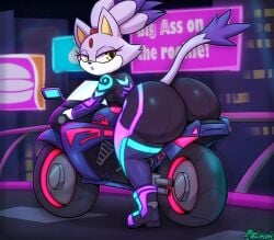 2d 2d_(artwork) artist_name artist_signature bike biker_clothes blaze_the_cat bubble_butt cat_ears cat_tail catgirl feline female furry god_damn gyatt looking_at_viewer miso_souperstar sega sonic_(series) sonic_racing_crossworlds sonic_the_hedgehog_(series)