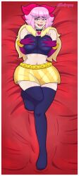 1girls 2d 2d_(artwork) artist_name belly big_boobs big_breasts black_eyebrows black_eyelashes black_eyes blue_stockings blush boobs bow brawl_stars breast_squeeze breasts choker clothed clothed_female collar dakimakura dakimakura_design eyebrows eyelashes eyes eyeshadow female female_focus female_only gloves heart_choker high_quality high_resolution highres light-skinned_female light_skin lips lying lying_on_bed melodie_(brawl_stars) missheekapussy mouth mouth_open navel open_mouth pink_eyeshadow pink_hair pink_hair_female pink_lips png purple_gloves red_bow skirt slim_waist solo solo_female solo_focus stockings stomach supercell thick_thighs thighhighs thighs thin_waist tummy waist yellow_skirt