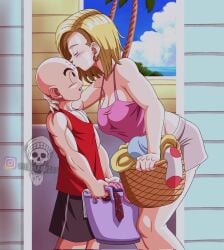 android_18 ass big_ass breasts couple dragon_ball dragon_ball_super dragon_ball_z grabbing indoors kissing krillin kuririn looking_at_another sexy wife_and_husband