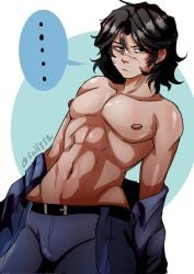 1boy abs belt black_belt black_eyes black_hair blue_background blue_pants blue_shirt blue_speech_bubble dark_blue_pants dark_blue_shirt digital_media_(artwork) frowning frowning_at_viewer human human_male human_only looking_at_viewer male male_focus male_only nipples pants partially_clothed partially_clothed_male pressure_(roblox) roblox roblox_game sallysa20728693 scar scar_on_nose sebastian_solace sebastian_solace_(human) shirt shirt_open short_hair simple_background solo solo_focus solo_male speech_bubble sweatdrop taking_off_shirt tanned_male tanned_skin white_background white_sclera