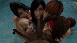 1boy 5girls cumshot dark-skinned_male dead_or_alive eye_contact final_fantasy jessie_rasberry kasumi_(doa) light-skinned_female marie_rose momiji_(ninja_gaiden) ninja_gaiden pool tifa_lockhart tongue_out try0ne