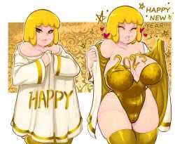 1female 1girls 1milf 2020s 2022 blonde_hair breno_ksp breno_ksp_(llamaboy) clarence cleavage digital_drawing_(artwork) digital_media_(artwork) english_text eyeliner female female_focus female_only gold_text green_eyes happy happy_female happy_new_year heart hi_res high_resolution highres looking_at_viewer makeup mary_wendell milf new_year new_year_2023 robe simple_background solo solo_female solo_focus sparkling_eyes stars text white_background yellow_clothing yellow_eyeliner yellow_hair yellow_text