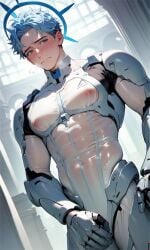 ai_generated armor bara blue_eyes blue_hair blush_lines clothed contboy_only cuntboy cyborg erect_nipples erect_nipples_under_bodysuit futuristic_clothing halo hand_on_genitalia horny horny_face latex latex_suit mecha mechanical mechanical_arm mechanical_halo mechanical_parts navel nipple_bulge nipples nipples_visible_through_clothing original_character pink_nipples priest robot_humanoid rubber_clothing shy skinny skinny_male smooth_chest solo_focus tight_clothing transparent_clothing twink white_bodysuit white_latex white_leotard white_skin yaoi young