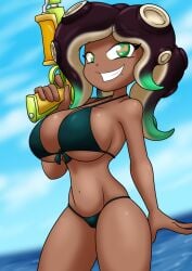 beach bikini bikini_bottom bikini_top dark-skinned_female dark_skin green_eyes inkling kaostheory901 large_breasts looking_at_viewer marina_(splatoon) mole ocean off_the_hook_(splatoon) sandwich-anomaly smiling smiling_at_viewer splatoon splatoon_(series) splatoon_2 squirt_gun sunshine swimsuit swimwear tentacle_hair