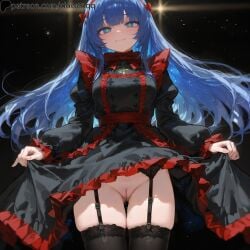 1girls ai_generated ass_visible_through_thighs bangs black_legwear black_souls black_souls_2 blue_eyes blue_hair blush bow cleft_of_venus clowenqq dress dress_lift female female_focus female_only frills front_view garter_straps innie_pussy legwear long_hair looking_at_viewer mabel_(black_souls) no_panties presenting presenting_pussy pussy pussy_juice smile solo solo_female solo_focus standing symbol-shaped_pupils thick_thighs thighhighs thighs uncensored wet_pussy
