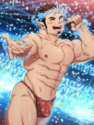 1boy abs armpits arms_up ass ass_visible_through_thighs bara beard beefy biceps big_areola big_breasts blush brown_hair bubble_butt collarbone confetti cross-shaped_pupils eight_pack fingernails fundoshi fundoshi_only gay gesture glow_sticks green_eyes hi_res holding_object hunk idol laugh looking_at_viewer male male_breasts male_only manly mature_male microphone multicolored_hair muscles muscular muscular_arms muscular_legs muscular_male muscular_thighs no_body_hair one_eye_closed open_mouth oppai pecs pointy_ears red_fundoshi rokushaku_fundoshi short_hair sideburns singing six_pack snowflake solo stage stage_lights standing tepen_(tptptpn) thick_arms thick_thighs tokyo_afterschool_summoners tomte_(tokyo_afterschool_summoners) topless tough_guy two_tone_hair very_high_resolution white_hair wink winking_at_viewer yaoi