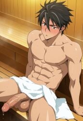 abs ai_generated ass balls bara biceps big_balls big_penis gay highschool_of_the_dead male male_only muscular pecs penis showing_off sweat sweaty takashi_komuro teasing thighs yaoi yoichisai