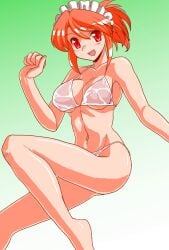 1girls :d bare_arms bare_legs bare_shoulders barefoot bikini breasts cleavage futaba_channel gradient_background groin hair_between_eyes hand_up kudoi maid_headdress medium_breasts midriff mono_(moiky) navel nijiura_maids open_mouth orange_hair ponytail red_eyes short_hair smile solo swimsuit underboob white_bikini