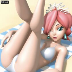 background beach bikini blender crown crystal d3rmal final_fantasy gem green_eyes hair_between_eyes laying legs_up looking_at_viewer mario_(series) mario_hoops_3_on_3 mario_sports_mix nintendo pink_hair pupils red_gem sand sexy_pose smiley_face smiling_at_viewer tagme tiara towel white_bikini white_mage white_mage_(mario) wink