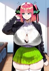 ai_generated ass ass_focus bedroom big_ass big_breasts big_butt big_thighs blue_eyes clothing curvy curvy_female curvy_figure day dijiai female female_only focus from_front_position front_view go-toubun_no_hanayome hand_in_hair hourglass_figure indoors looking_away nakano_nino nsfw pink_hair round_ass round_butt school_uniform schoolgirl short_hair standing thiccwithaq_(ai_style) thick thick_ass thick_butt thick_legs thick_thighs thighs wide_hips