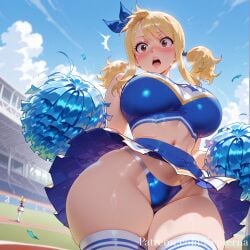 2girls ai_generated bare_shoulders blonde_hair blue_panties blue_skirt blue_sky blush breasts brown_eyes cheerleader cloud crop_top day fairy_tail female from_below holding holding_pom_poms large_breasts looking_at_viewer lucy_heartfilia midriff miniskirt multiple_girls navel open_mouth outdoors panties pleated_skirt pom_pom_(cheerleading) septerna skirt sky sleeveless solo_focus stadium standing stomach surprised sweat thick_thighs thighhighs thighs twintails underwear upper_teeth_only web_address white_thighhighs wind_lift