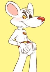 1boy anthro clothed clothing cum cum_through_clothes danger_mouse erection fur furry furry_only ladysomnambule looking_at_viewer male male_only mammal mouse red_eyes rodent smile solo white_fur yellow_sclera