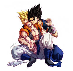 2boys abs bara black_hair blonde_hair censored cum dragon_ball dragon_ball_z fusion gay gogeta handjob kim_yura_(goddess_mechanic) male male_only masturbation metamoran_clothing multiple_boys muscles open_fly penis super_saiyan undressing vegito yaoi