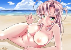 areolae beach blush breasts cleavage cloud female green_eyes highres horizon kantai_collection kinugasa_(kantai_collection) looking_at_viewer lying navel nipples nude on_side pink_hair pubic_hair smile soba_chatarou_(tita) solo water