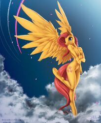 2015 anthro anthrofied breasts cloud cloudscape cutie_mark equine feathered_wings feathers female fluttershy_(mlp) friendship_is_magic furry highres hooves kelpiemoonknives long_hair mammal my_little_pony nipples nude outdoors pegasus pink_hair pussy sky smile solo straight_hair underhoof wings