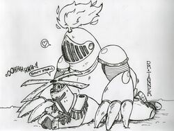 anal anal_sex armor black_and_white dialogue dr.tanner duo english_text heart helmet male male_penetrating medieval_armour mole_knight monochrome pencil_(artwork) penetration propeller_knight sex shovel_knight signature slit_visor speech_bubble text traditional_media_(artwork) unknown_species yaoi