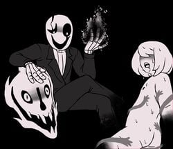 1boy 1boy1girl 1girls ambiguous_gender blush bone female frisk gaster gaster_blaster skull sweat tinybeasts undertale undertale_(series)