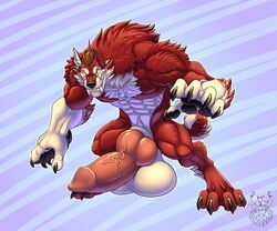 4_toes abs animal_genitalia anthro balls barefoot belly big_balls big_biceps big_muscles big_penis black_nose body_hair brown_hair canine chest_hair claws clenched_teeth erection front_view fur gausswolf hair hi_res huge_cock humanoid_penis looking_at_viewer male male_only mammal manly mature_male muscular muscular_male nude paws pecs penis pose red_fur simple_background solo standing teeth thick_penis toes uncut vallhund vein veiny_penis were werewolf yellow_eyes