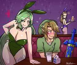 1boy 2girls akairiot angry blush breasts brown_hair bunny_ears bunnygirl bunnysuit cleavage female fully_clothed green_eyes green_hair jealous kid_icarus large_breasts leotard licking_lips link link_(twilight_princess) long_hair male milk naughty_face nintendo palutena pantyhose princess_zelda smile standing the_legend_of_zelda twilight_princess zelda_(twilight_princess)
