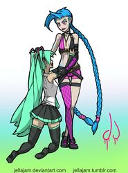 2015 2girls ass black_legwear blue_hair boots clothed crossover female female_only fingerless_gloves gloves hand_on_head hatsune_miku jellajam jinx_(league_of_legends) kneeling kneesocks league_of_legends long_hair multiple_girls pink_eyes skimpy_clothes skirt thighhighs vocaloid yuri