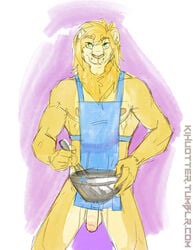 1boy 2014 anthro apron balls bowl feline flaccid fur furry furry_only green_eyes humanoid_penis jude kihu lion looking_at_viewer male male_only mammal mane muscular muscular_male naked_apron nipples nude penis smile solo standing uncut url whisk yellow_fur