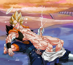 2boys abs anal bara blush cum_in_ass cum_while_penetrated cumdrip dragon_ball dragon_ball_z drooling fusion gay gogeta handjob kim_yura_(goddess_mechanic) male male_only multiple_boys muscle muscles pecs penis public saliva super_saiyan tears vegito yaoi