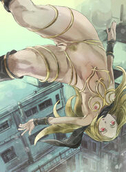 blonde_hair boots building calf_boots capelet female gravity_rush heel_boots high_heel_boots kat_(gravity_rush) knee_boots nipples open_mouth pubic_hair pussy red_eyes small_breasts solo upside-down wristband yohane