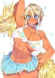 1girls abs blonde_hair blue_eyes blush breasts cheerleader choker cleavage dark-skinned_female dark_skin female female_only large_breasts muscular_female navel original sela_(sela_god) sela_god short_hair skirt solo standing sweat thigh_gap underboob white_background wristband