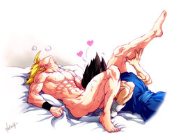 2boys abs artist_name bara clothed_male_nude_male dragon_ball dragon_ball_z fellatio fusion gay gogeta kim_yura_(goddess_mechanic) male male_only multiple_boys muscle muscles nude on_bed oral pecs super_saiyan vegito yaoi