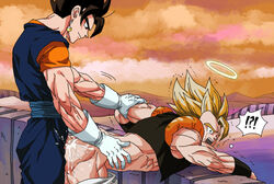 !? !?! 2boys abs anal bara black_hair blonde_hair cum_in_ass cumdrip dragon_ball dragon_ball_z gay gloves gogeta halo kim_yura_(goddess_mechanic) male male_only multiple_boys muscle muscles penis public super_saiyan tears trembling vegito white_gloves yaoi