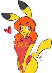 1futa anthro ass bottomless breasts brown_eyes chu_(duckdraw) clothed clothing dialogue dickgirl duckdraw futa'chu futa_focus futa_only futanari hair half-dressed happy heart intersex looking_at_viewer nintendo orange_hair original original_character penis pikachu pokémon_(species) pokemon simple_background smile solo standing video_games yellow_skin