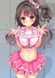 blush brown_hair female idolmaster idolmaster_cinderella_girls long_hair looking_at_viewer mokufuu panties panties_removed presenting_panties purple_eyes shimamura_uzuki side_ponytail solo underwear