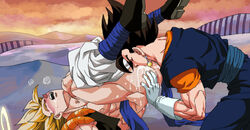 2boys abs after_sex anal anilingus bara cum dragon_ball dragon_ball_z drooling earrings gogeta halo kim_yura_(goddess_mechanic) licking male male_only multiple_boys multiple_males muscles oral public saliva steam super_saiyan tears vegito yaoi