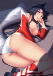 1girls ahri animal_ears black_hair breasts breasts_out butt butt_crack detached_sleeves facial_mark female fox_ears fox_tail fur furry_tail humanoid league_of_legends looking_at_viewer lying multi_tail multiple_tails nipples on_side panties parted_lips rear_view slit_pupils smile solo spichis sweat tail underwear whisker_markings white_panties yellow_eyes