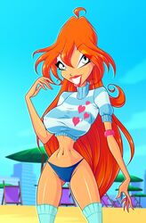 1girls beach belly big_breasts bimbo bloom_(winx_club) blue_eyes breasts cameltoe covered_breasts covered_nipples erect_nipples eyeshadow female hourglass_figure large_breasts lipstick long_hair looking_at_viewer makeup midriff_top navel nipple_bulge orange_hair panties rainbow_(animation_studio) red_hair smile smiling solo stockings striped striped_clothing striped_shirt teeth thighhighs thighs thin_waist turtleneck very_long_hair voluptuous wasp_waist winx_club zfive